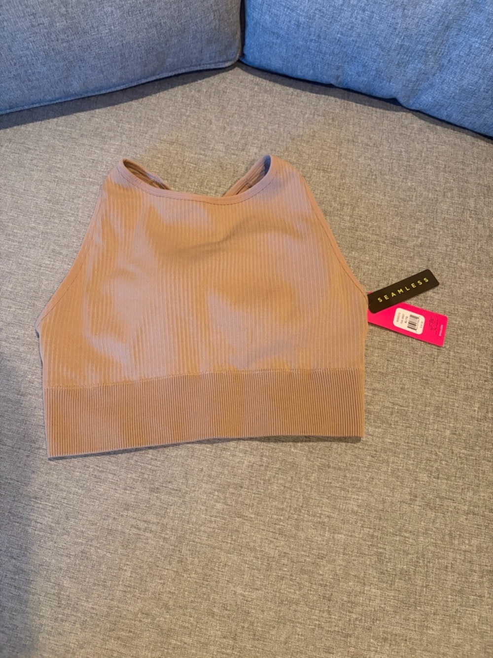 Ryka Seamless Ribbed High Neck Crop Tank — Tan